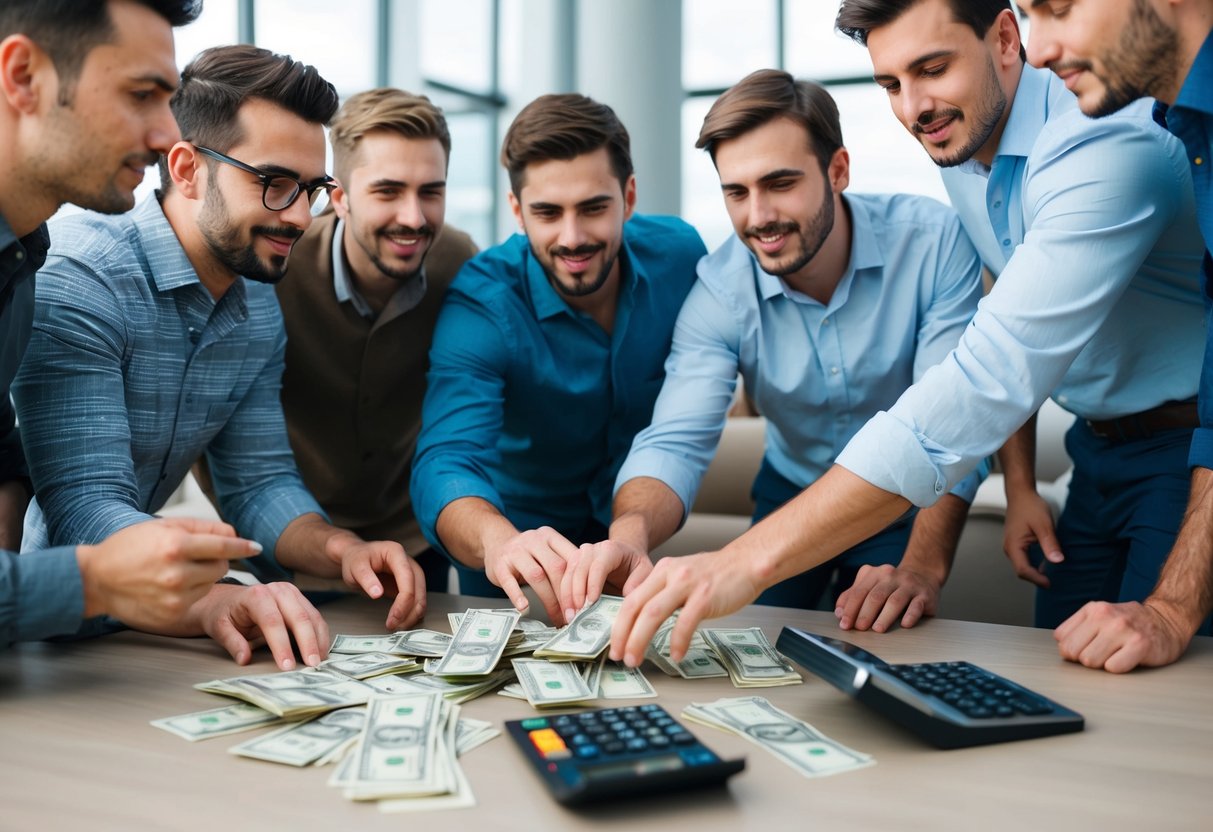 A group of men gather around a table, counting money and discussing expenses for a bachelor party. A stack of bills and a calculator are visible on the table