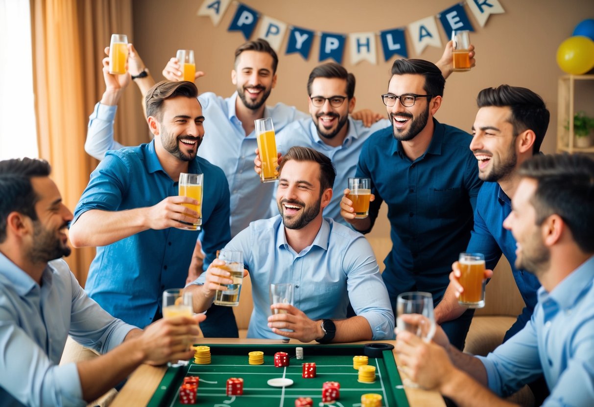A group of men celebrating, with drinks, games, and laughter. A banner and decorations suggest a bachelor party