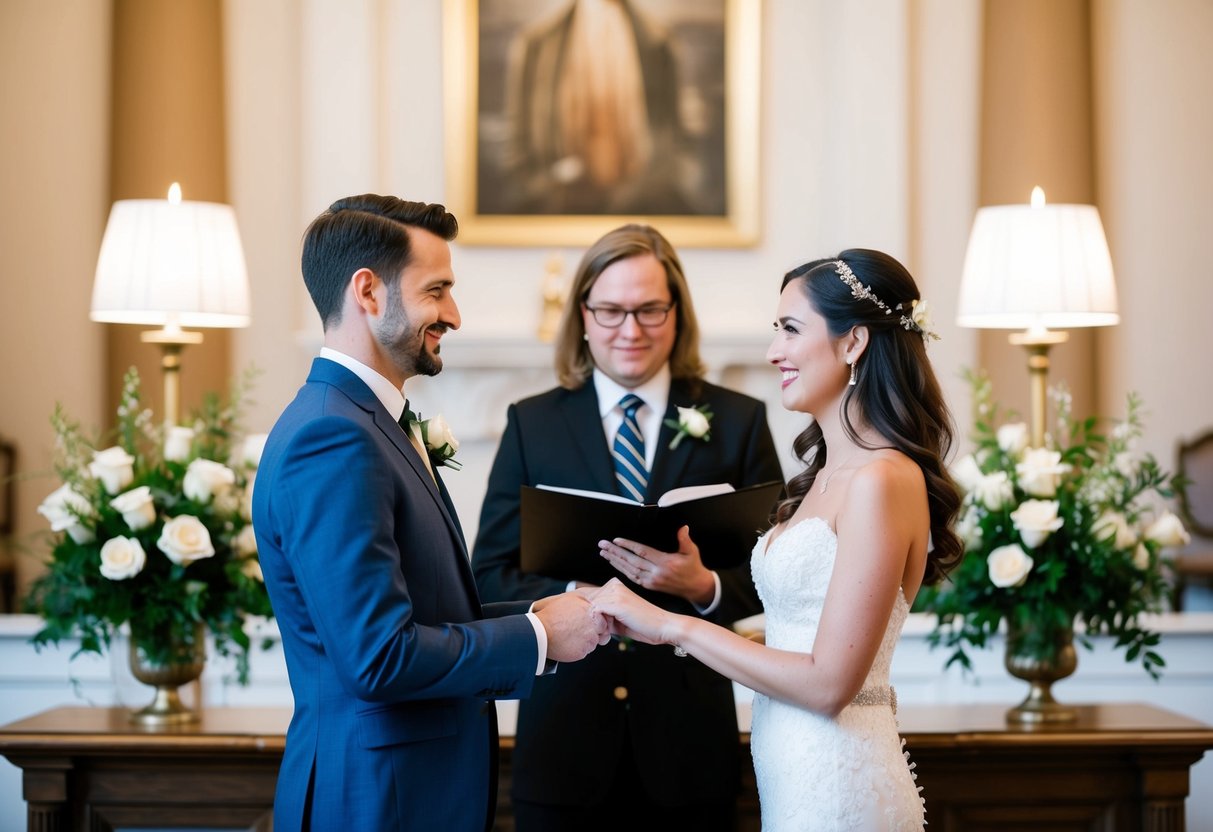 A couple standing in front of a registrar, exchanging vows. The registrar officiates the wedding ceremony