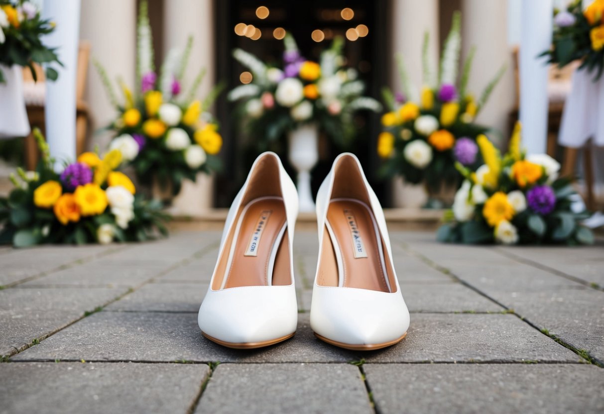 A pair of white shoes placed in front of a wedding venue, surrounded by colorful flowers and elegant decorations