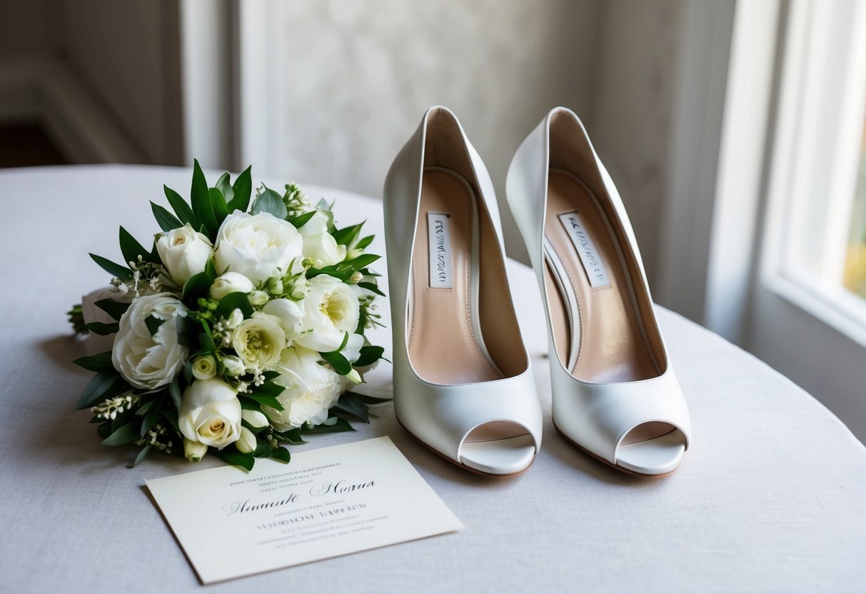 A pair of elegant white shoes placed next to a formal wedding invitation and a bouquet of flowers