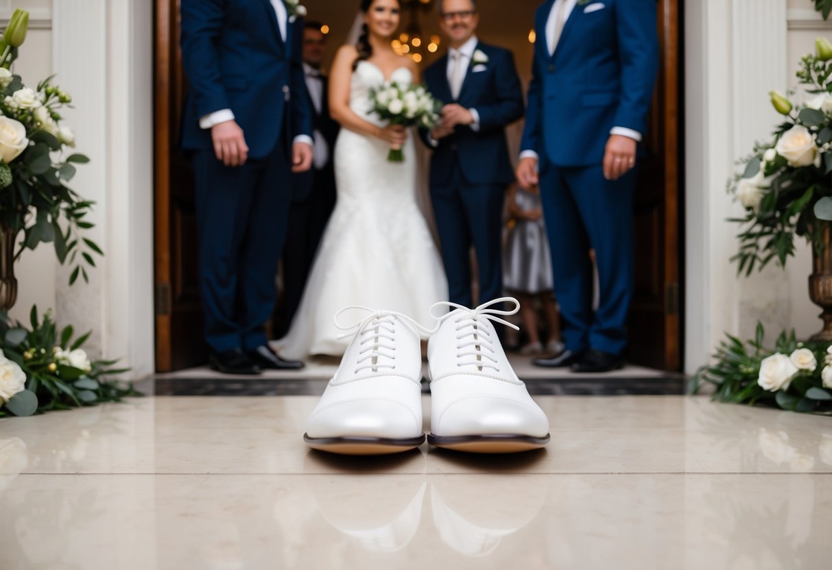 A formal wedding setting with a pair of white shoes placed near the entrance, surrounded by elegant decor and guests in formal attire