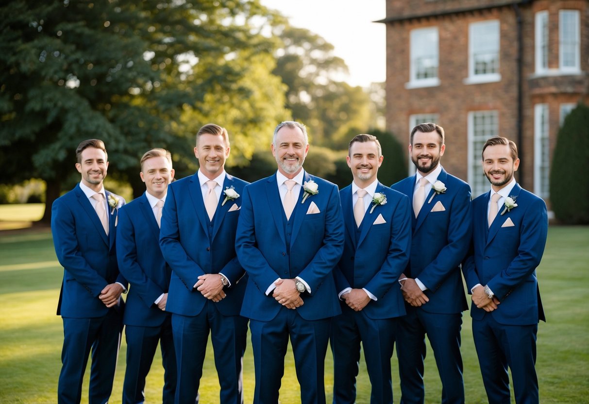 A group of men in formal suits stand together, with the father of the bride wearing the same attire as the groomsmen, in a traditional UK wedding setting