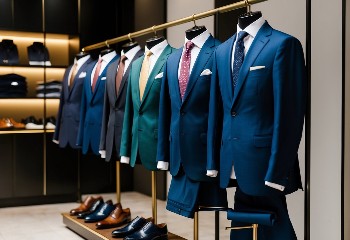 A line-up of formal men’s attire, including suits, ties, and dress shoes, displayed in a stylish boutique setting