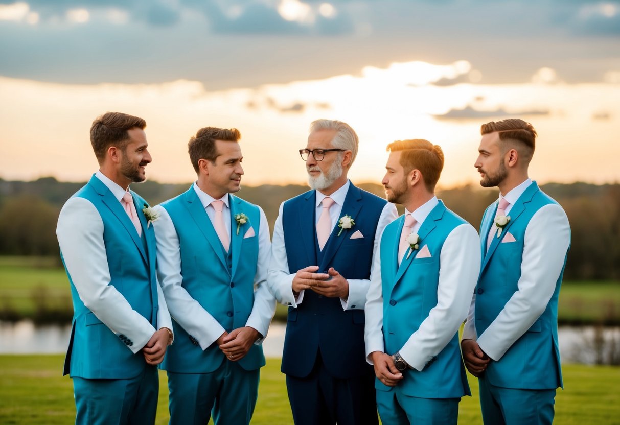 A father of the bride and groomsmen stand together in matching suits, discussing wedding details