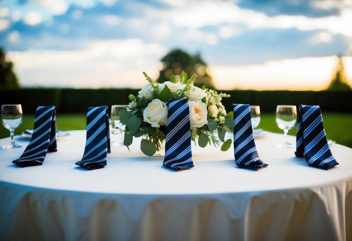 A table set with matching ties, cufflinks, and pocket squares for the father of the bride and groomsmen