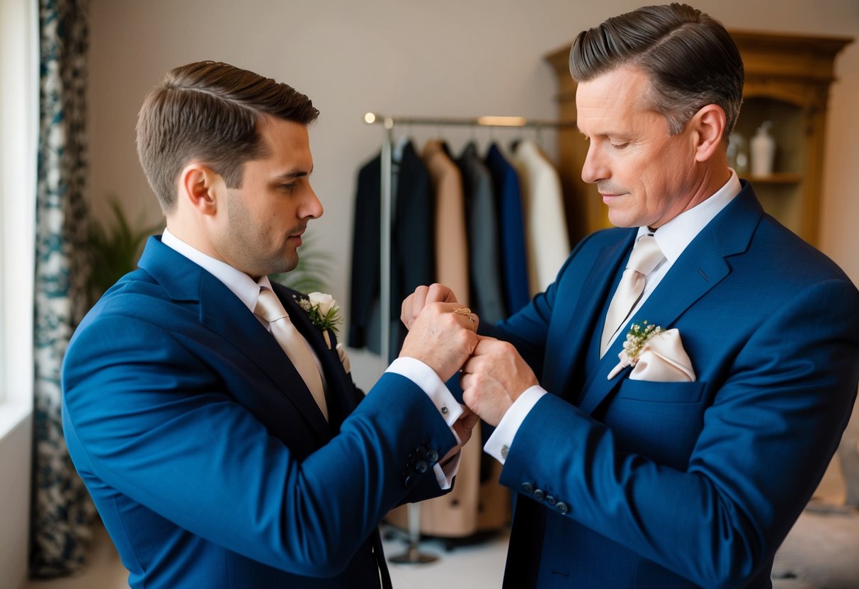 A tailor carefully adjusts the lapels and cuffs of a formal suit, adding the final touches to the father of the bride’s attire