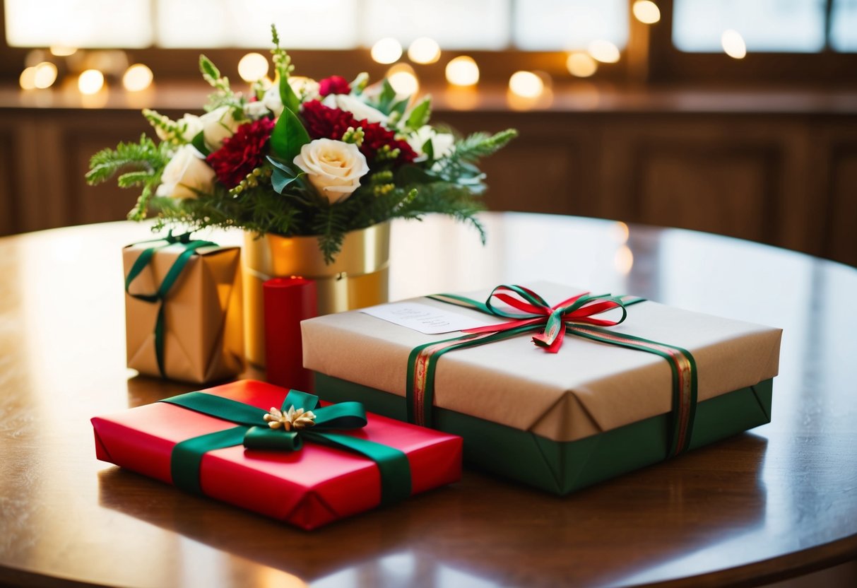 A table set with wrapped gifts, a bouquet of flowers, and a handwritten note