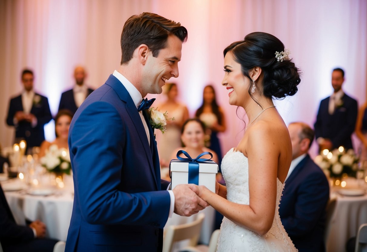 A bride and groom exchanging thoughtful gifts at their wedding reception