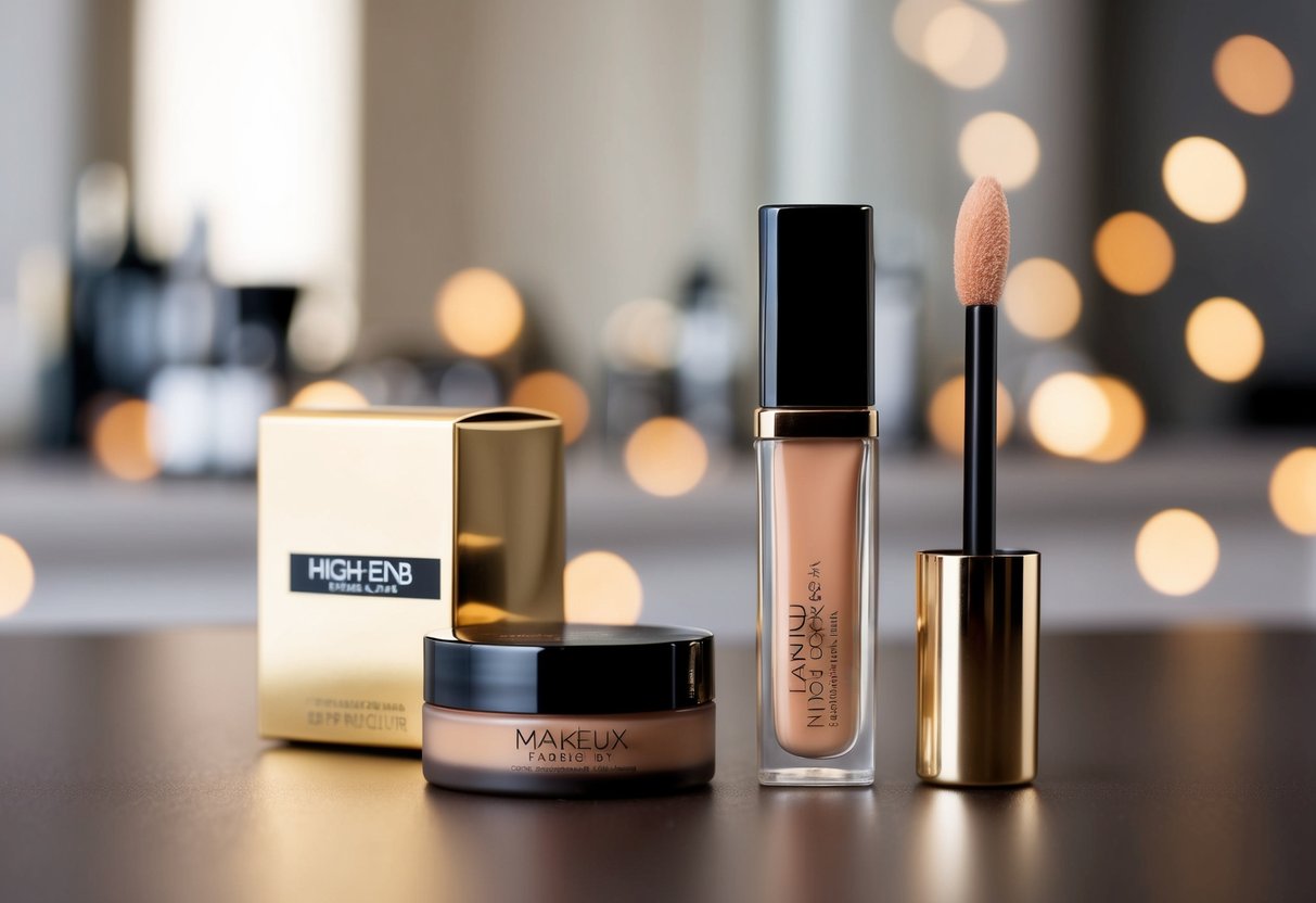 A luxurious, high-end makeup product displayed next to a more affordable option, with elegant packaging and a sleek design to convey perceived value and marketing