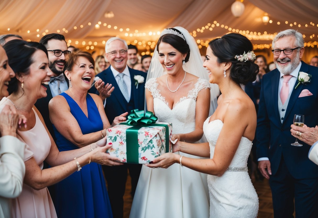 A maid of honor presents a beautifully wrapped gift to a blushing bride, surrounded by joyful guests at a wedding celebration