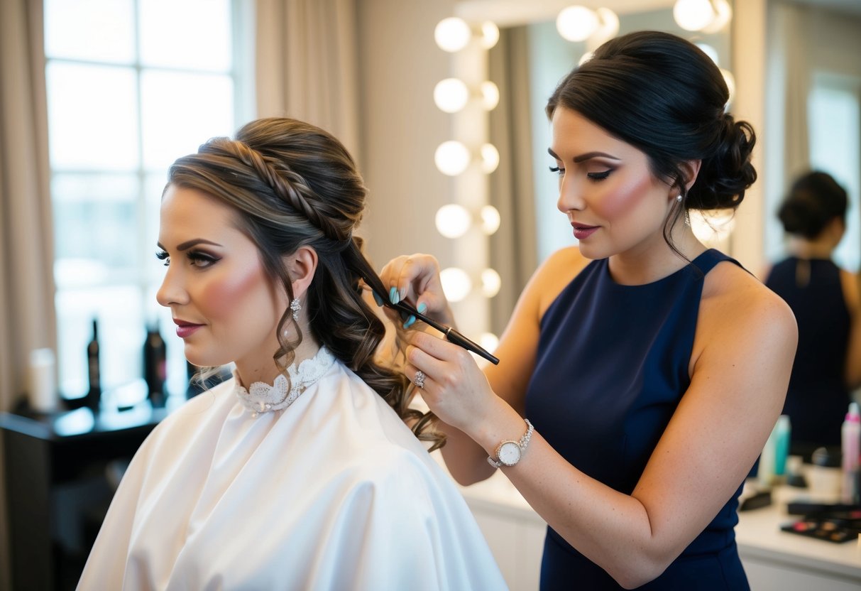 A hairstylist prepares a bridal hairstyle while a makeup artist works on a bride's face