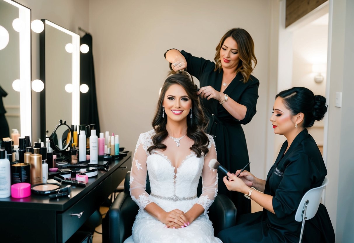 A bride sits in a well-lit room, surrounded by a clutter of hair and makeup products. A hairstylist stands behind her, working on her hair, while a makeup artist sits nearby, preparing to start on her makeup