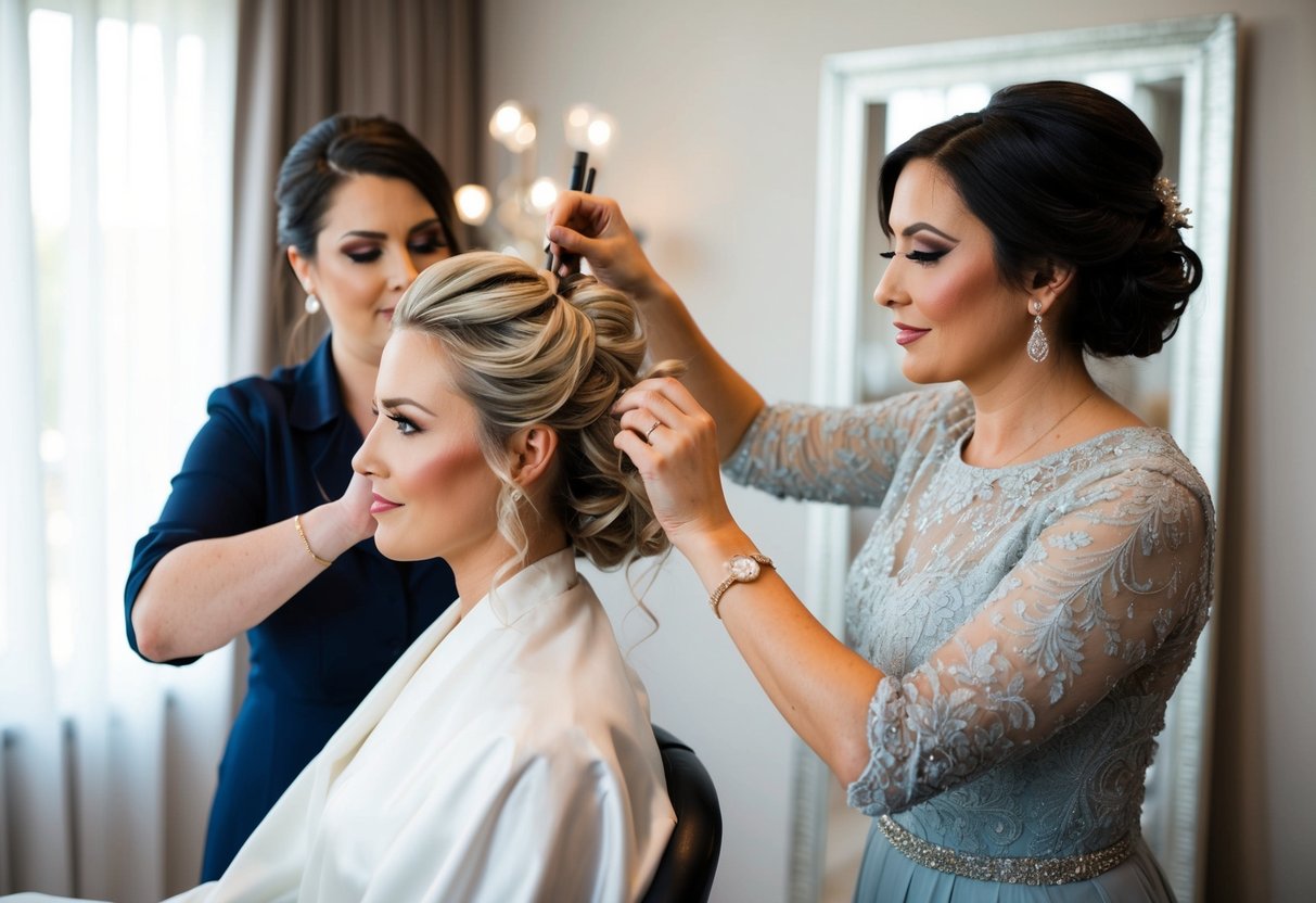 A hairstylist applies finishing touches to a bride's intricate updo, while a makeup artist delicately adds the final touches to her flawless bridal look