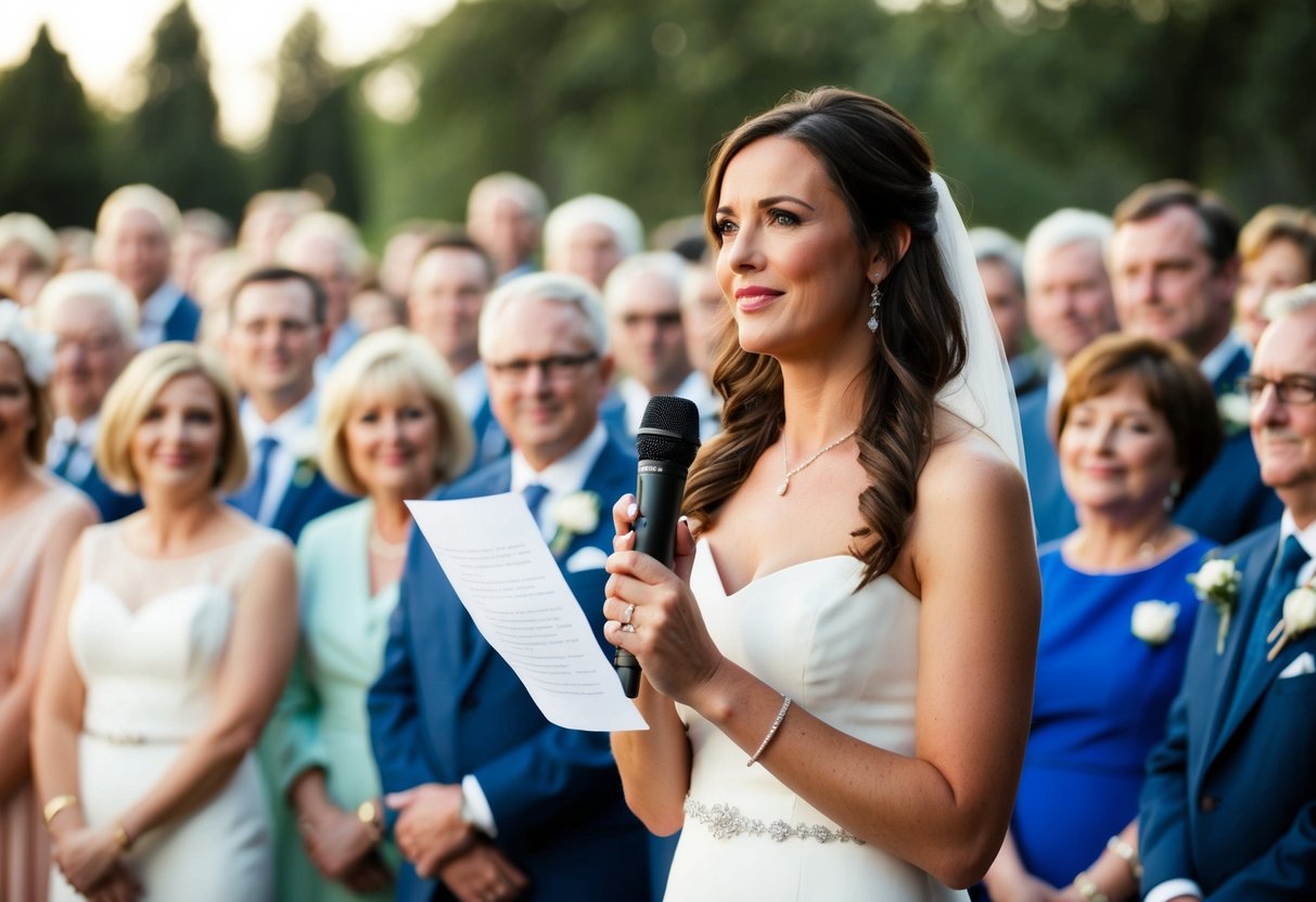 A woman stands at a microphone, surrounded by wedding guests. She holds a piece of paper and looks out at the crowd
