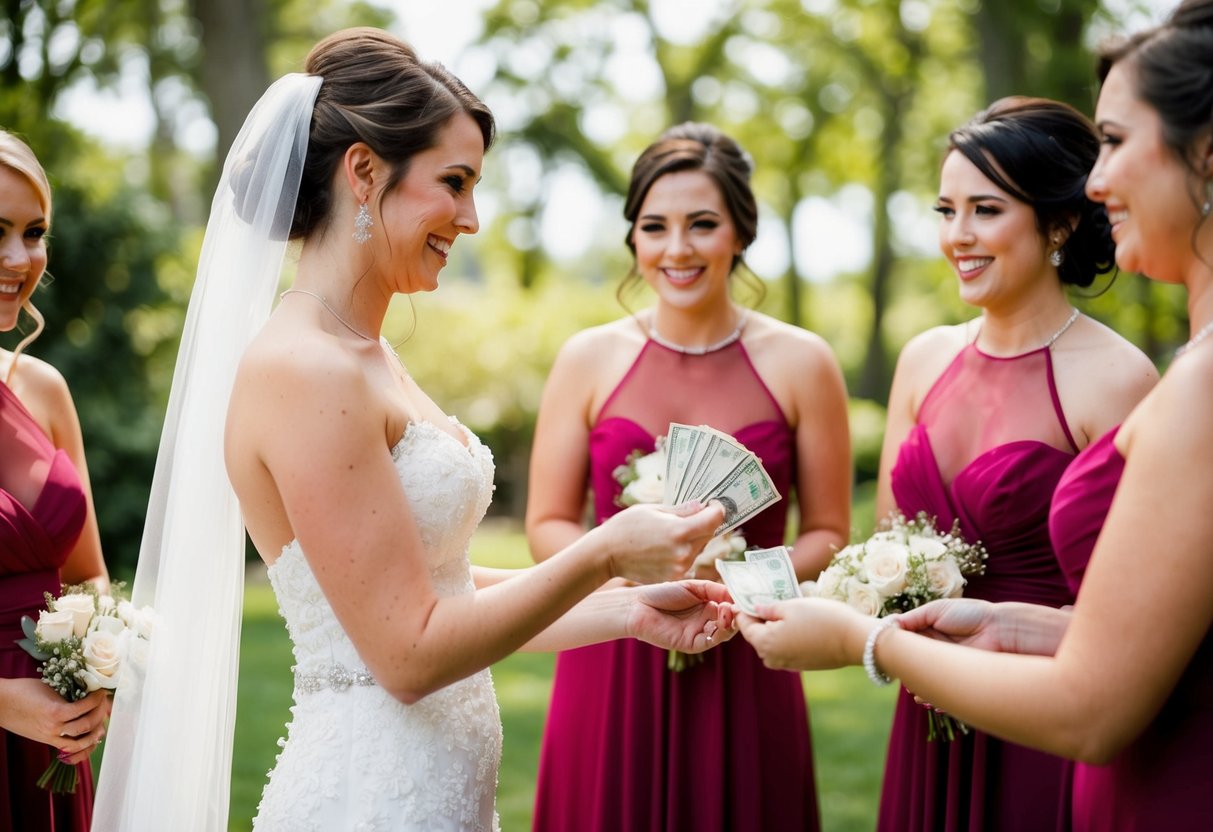 A bride handing money to her bridal party