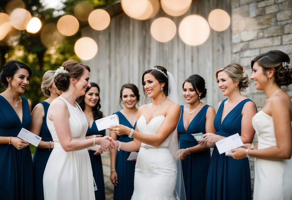A bride handing over payment to her bridal party