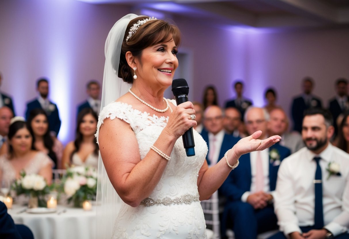 A mother of the bride stands at the wedding reception, holding a microphone and addressing the guests with a heartfelt speech. She is surrounded by family and friends, with a proud and emotional expression on her face
