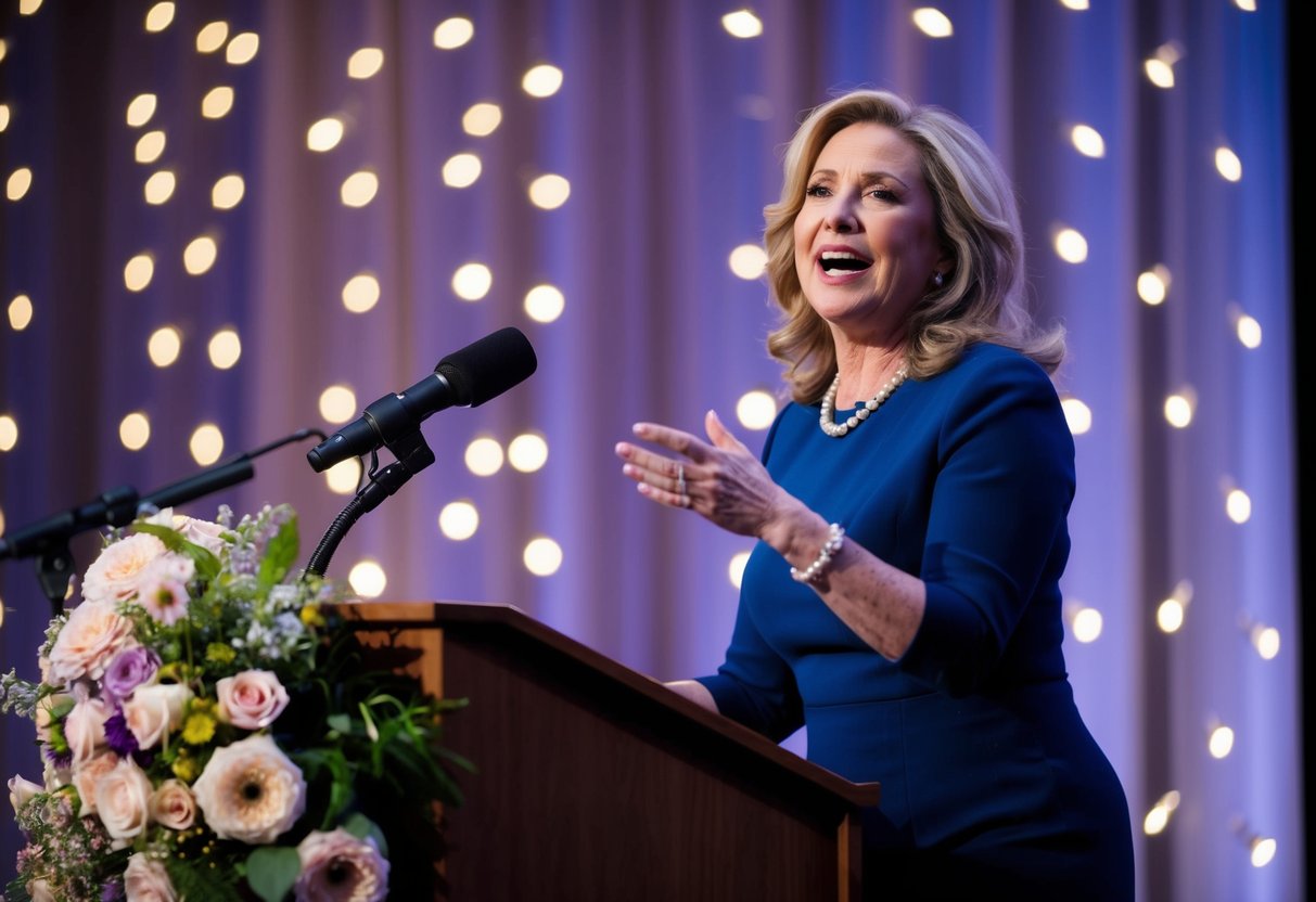 A woman stands at a podium, surrounded by flowers and twinkling lights. She gestures passionately as she speaks, her words flowing gracefully