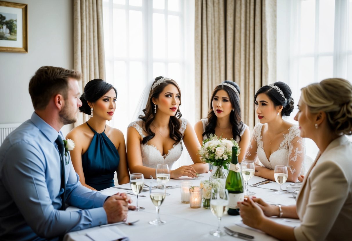 A bride sits at a table with her bridal party, discussing expenses and considering who will cover the costs. The group looks thoughtful and engaged in the conversation
