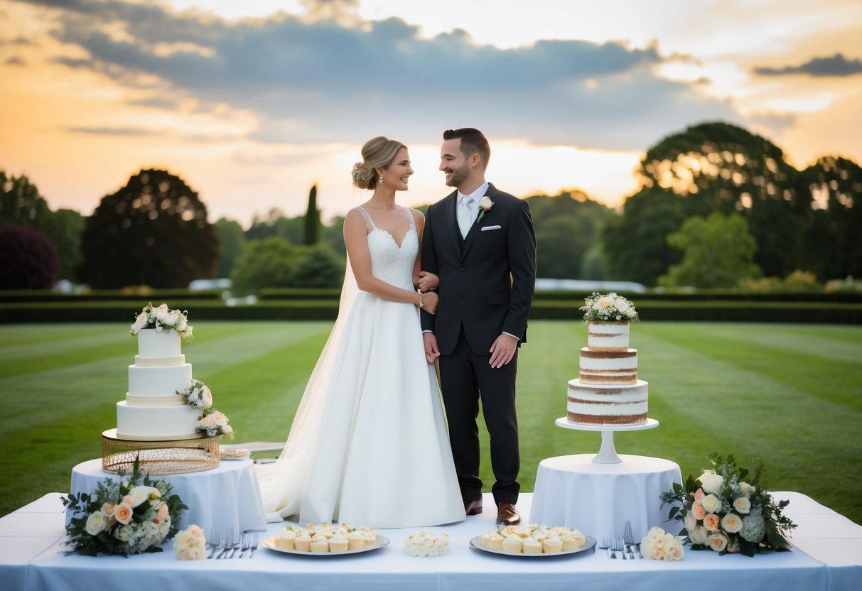 The bride and groom stand surrounded by wedding expenses: venue, flowers, cake, and decorations