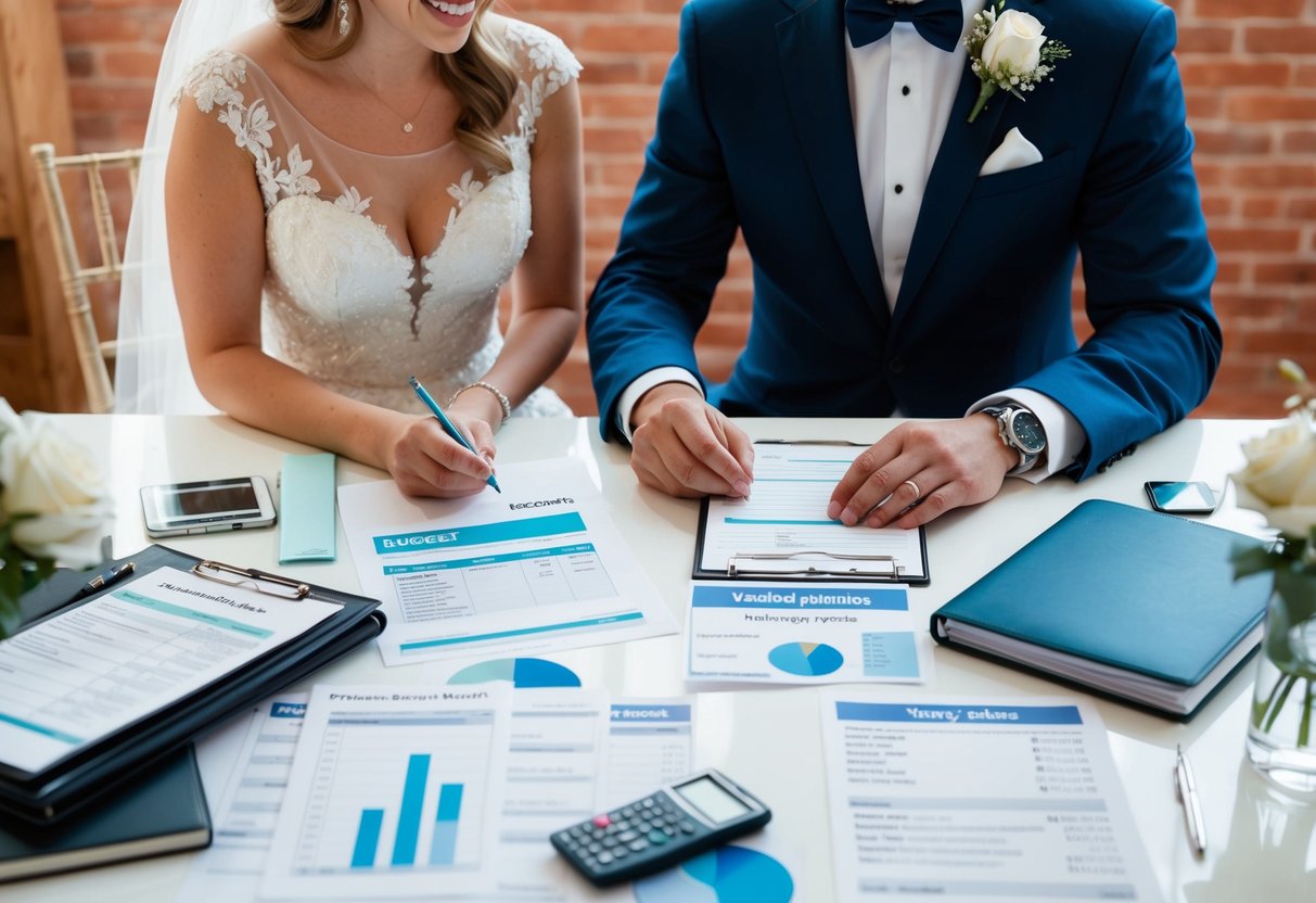 A bride and groom sit at a table surrounded by wedding planning essentials, including a budget spreadsheet, payment receipts, and vendor contracts