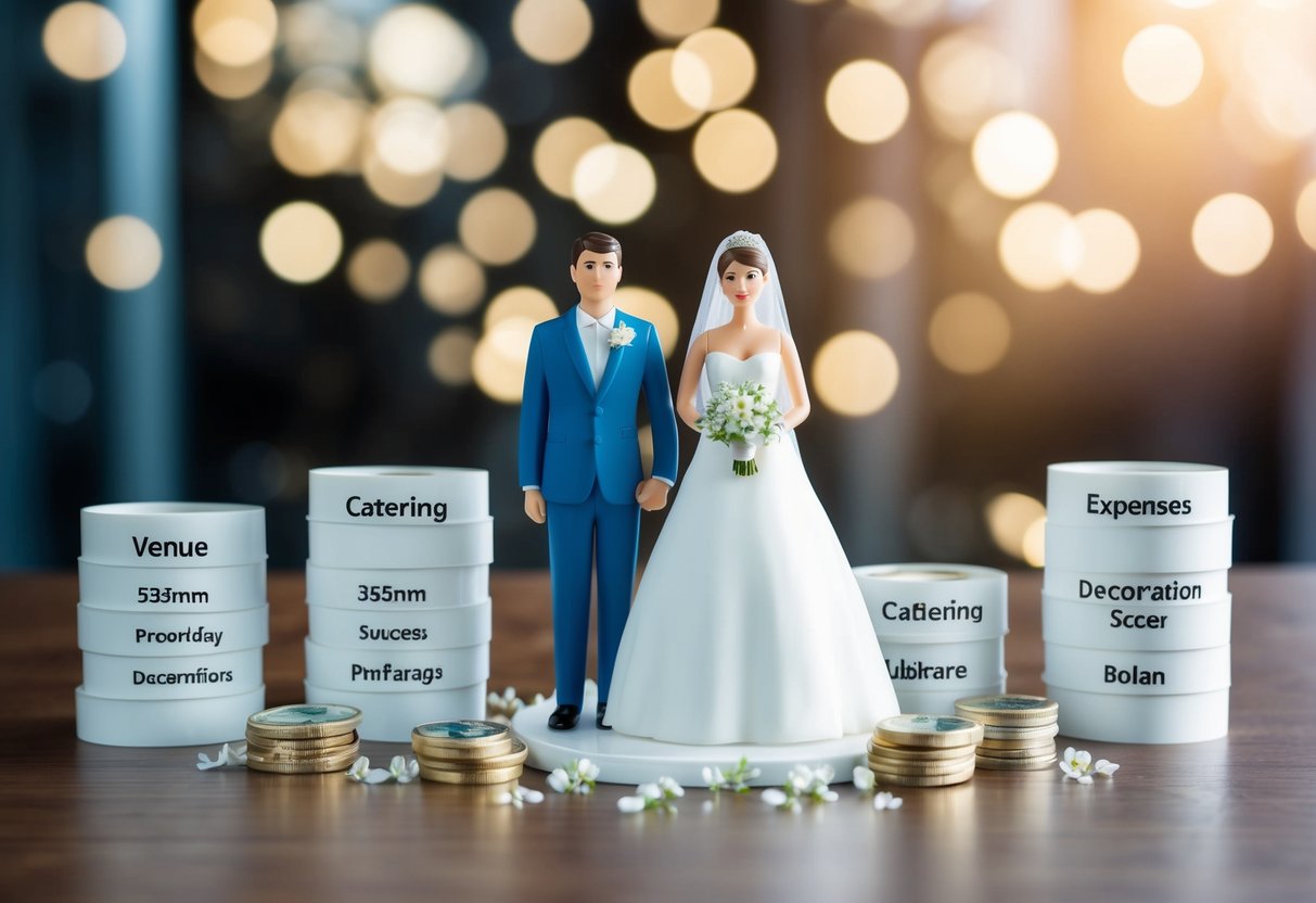 A bride and groom stand surrounded by wedding expenses, including venue, catering, attire, and decorations