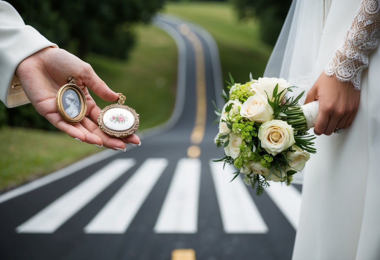 A bride holds a vintage locket in one hand and a modern bouquet in the other, standing at a crossroads symbolizing the tradition of "something old, something new."
