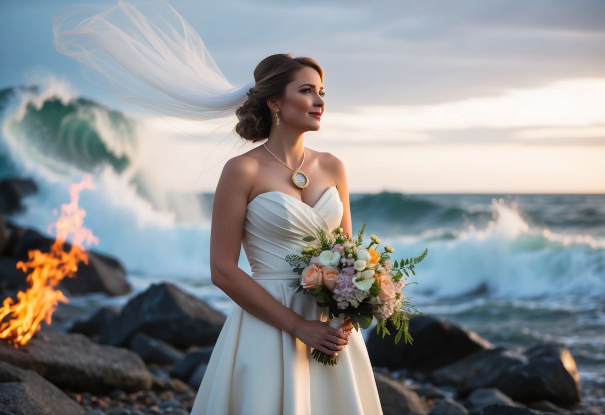 A bride stands on a rocky shore, holding a vintage locket and a modern bouquet. She is surrounded by swirling wind, crashing waves, flickering flames, and blooming flowers