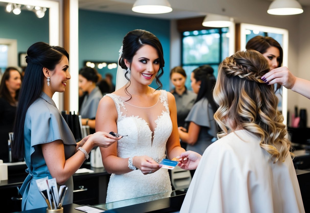 The bride hands over her credit card to the salon receptionist, while the hairstylists work on the bridesmaids' hair