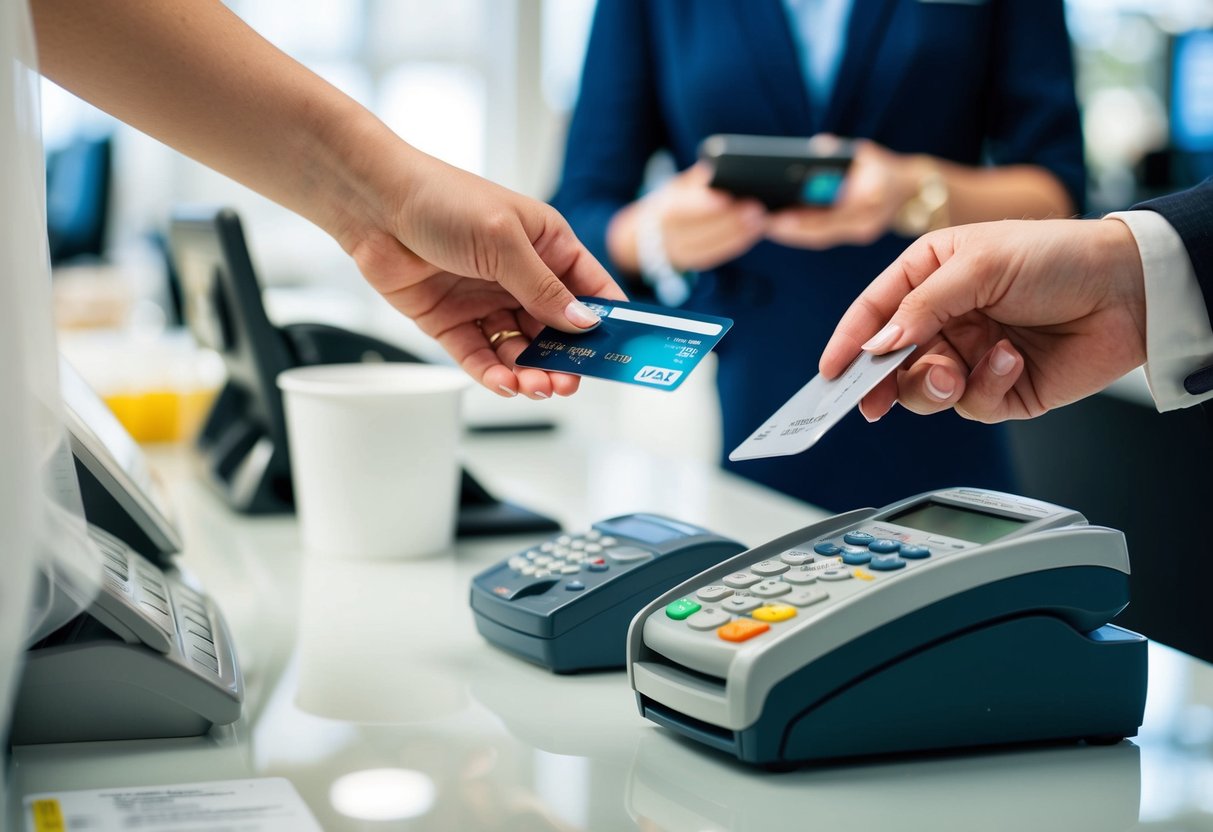 The bride hands over her credit card to the cashier, who is ringing up various items at the checkout counter