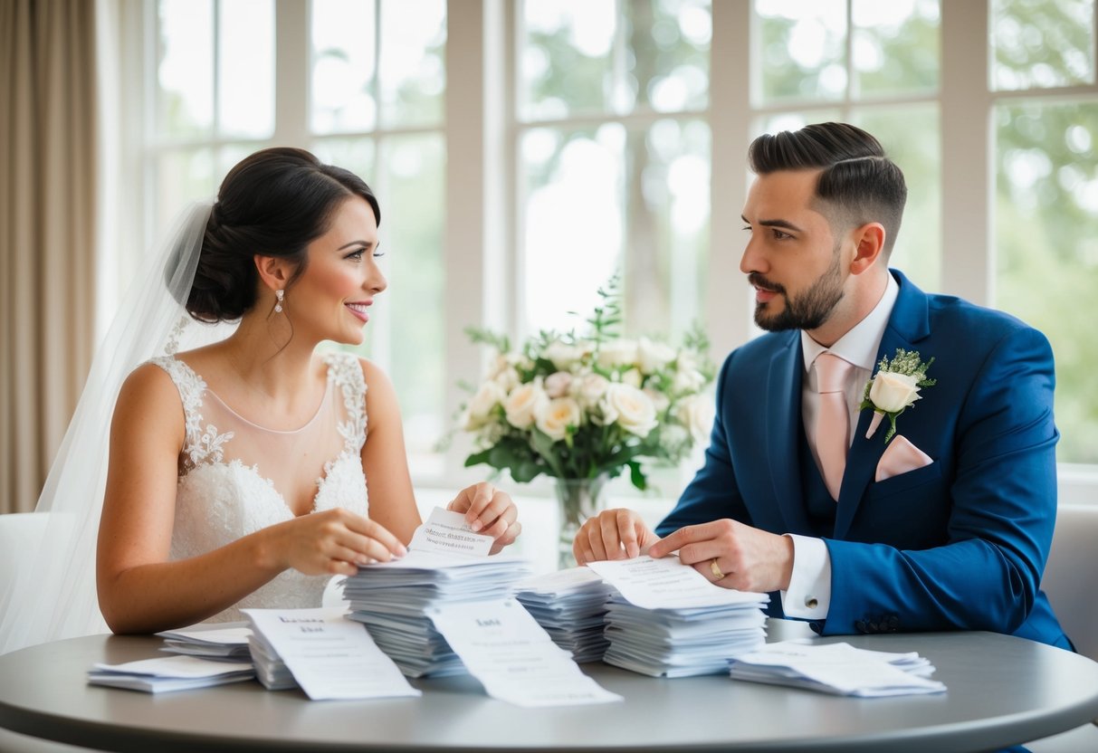A bride and groom sit at a table with a stack of wedding expense receipts, discussing who is responsible for each cost