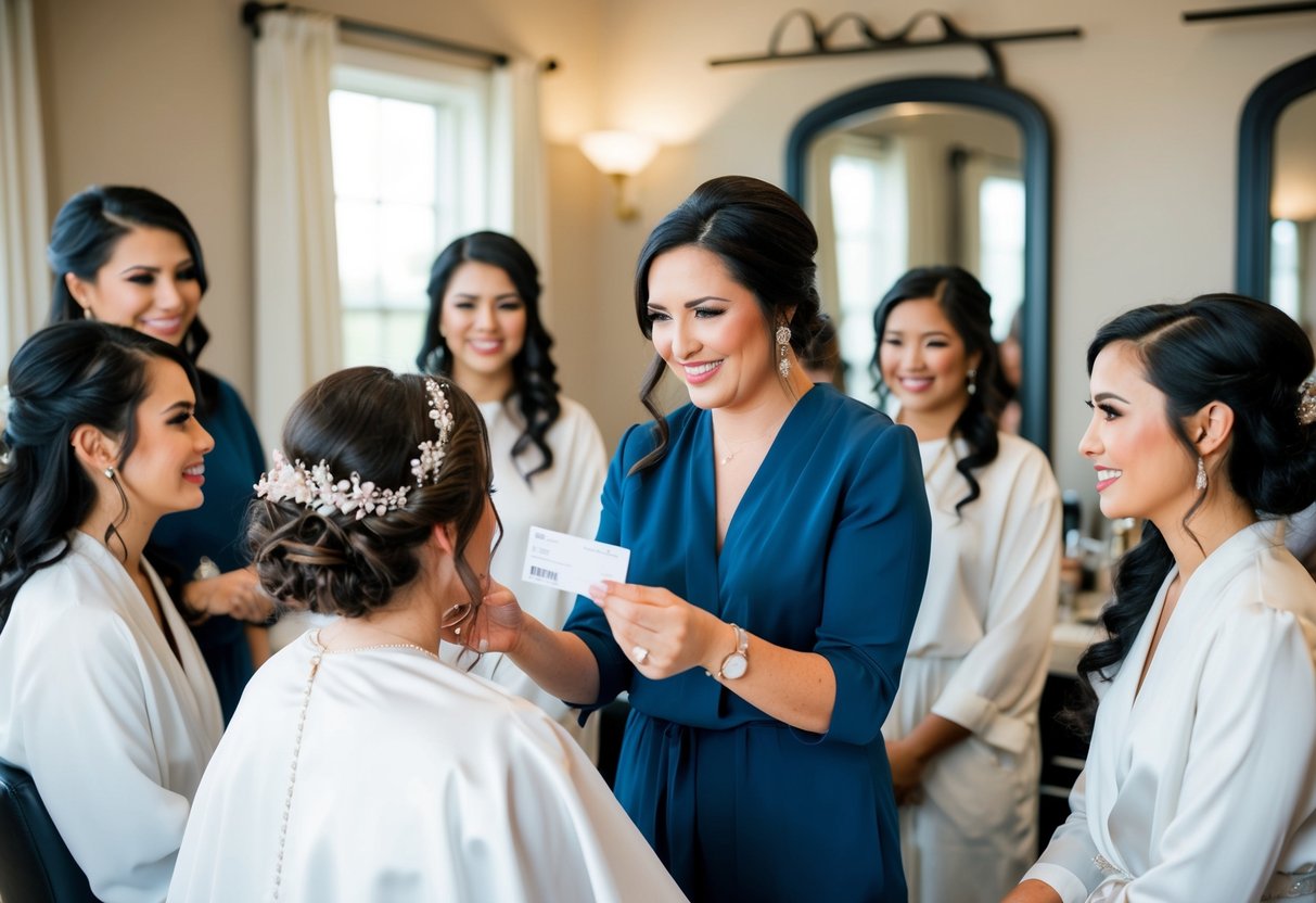 A bride handing a hairstylist a payment while surrounded by her bridal party getting their hair done