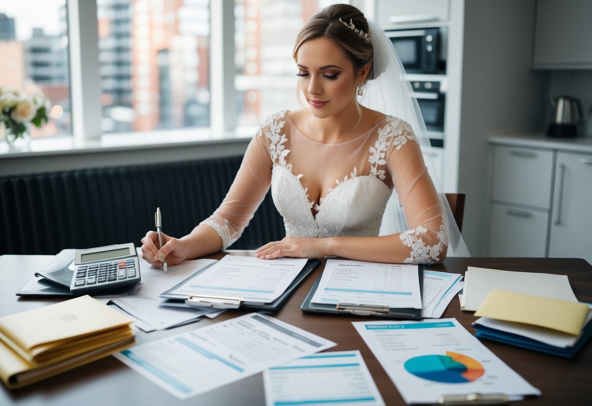 A bride sits at a table surrounded by invoices, receipts, and a budget spreadsheet. She is carefully reviewing and calculating the costs of her upcoming wedding celebration