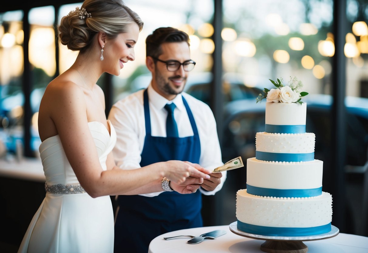 A bride handing over money to a baker, while pointing at a groom's cake on display