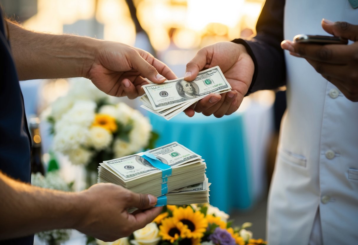 A man hands over a stack of bills to a vendor while pointing to various items for a wedding