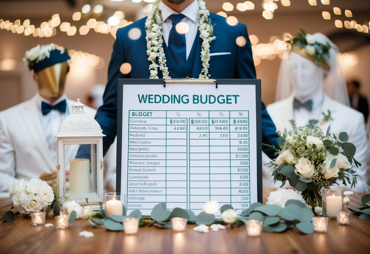 A traditional wedding budget chart with categories and percentages, surrounded by modern wedding decor and attire