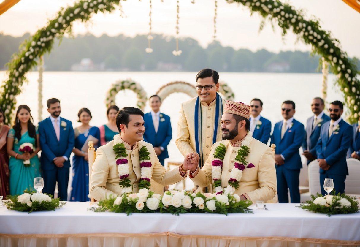 A wedding scene with traditional elements such as a groom's family covering key expenses like venue, catering, and decorations