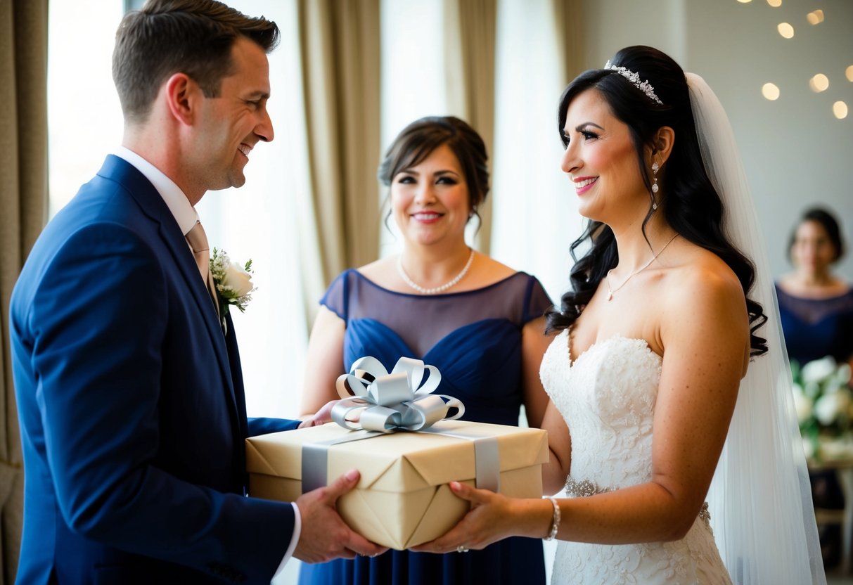 The groom's mother presents a wrapped gift to the bride