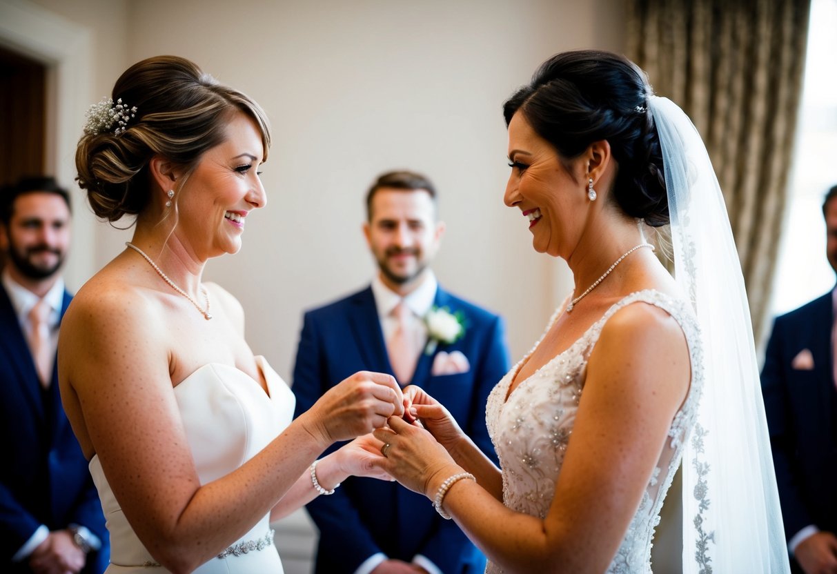 The bride receives a delicate necklace from her future mother-in-law, symbolizing their bond and the groom's family's welcome