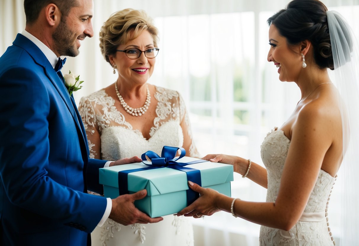 The groom's mother presents a beautifully wrapped gift to the bride, offering both financial and emotional support during and after the wedding