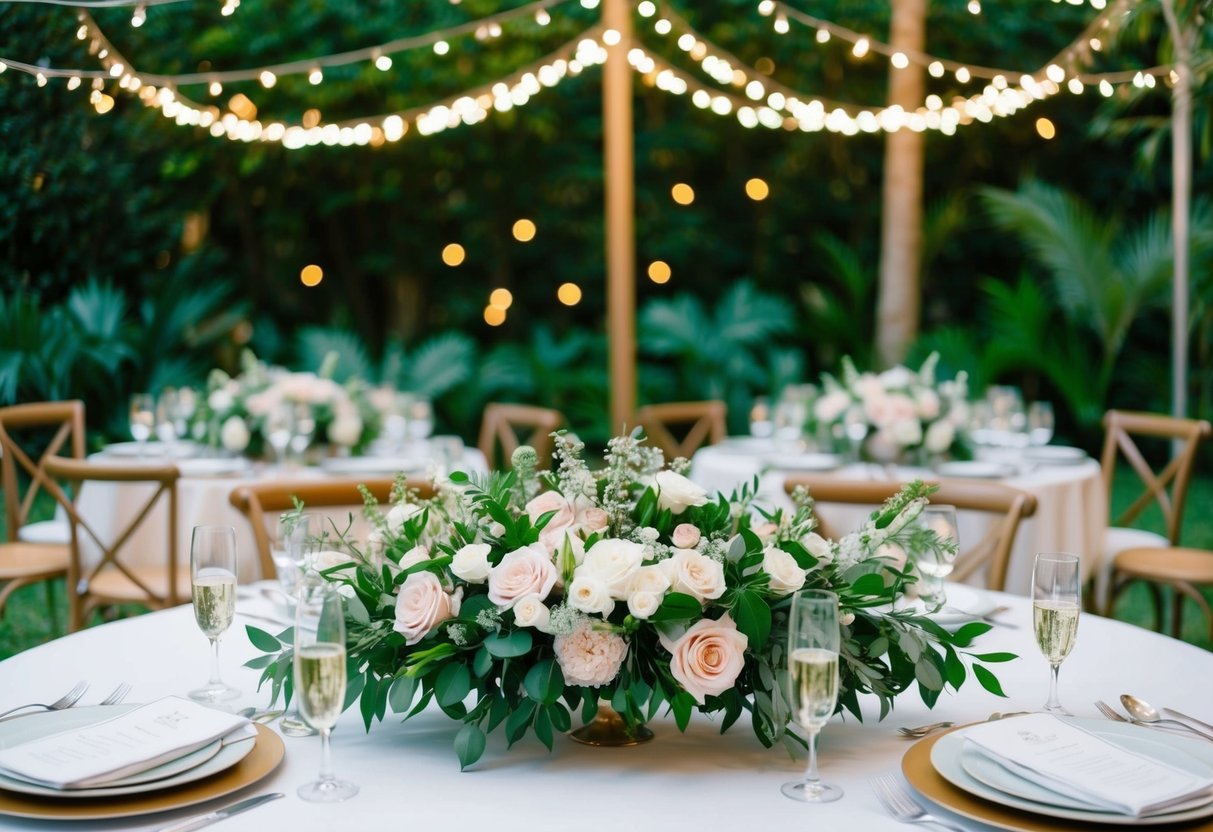 A table adorned with elegant floral arrangements, set against a backdrop of lush greenery and twinkling lights