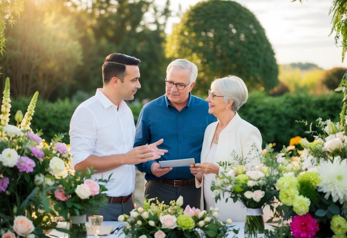 A couple's parents discussing floral arrangements and expenses for a wedding, surrounded by various types of flowers and greenery