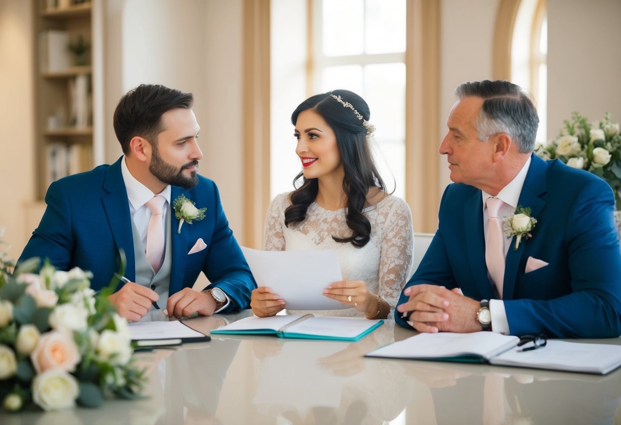 A couple discusses wedding planning and budgeting. The groom's parents consider paying for flowers