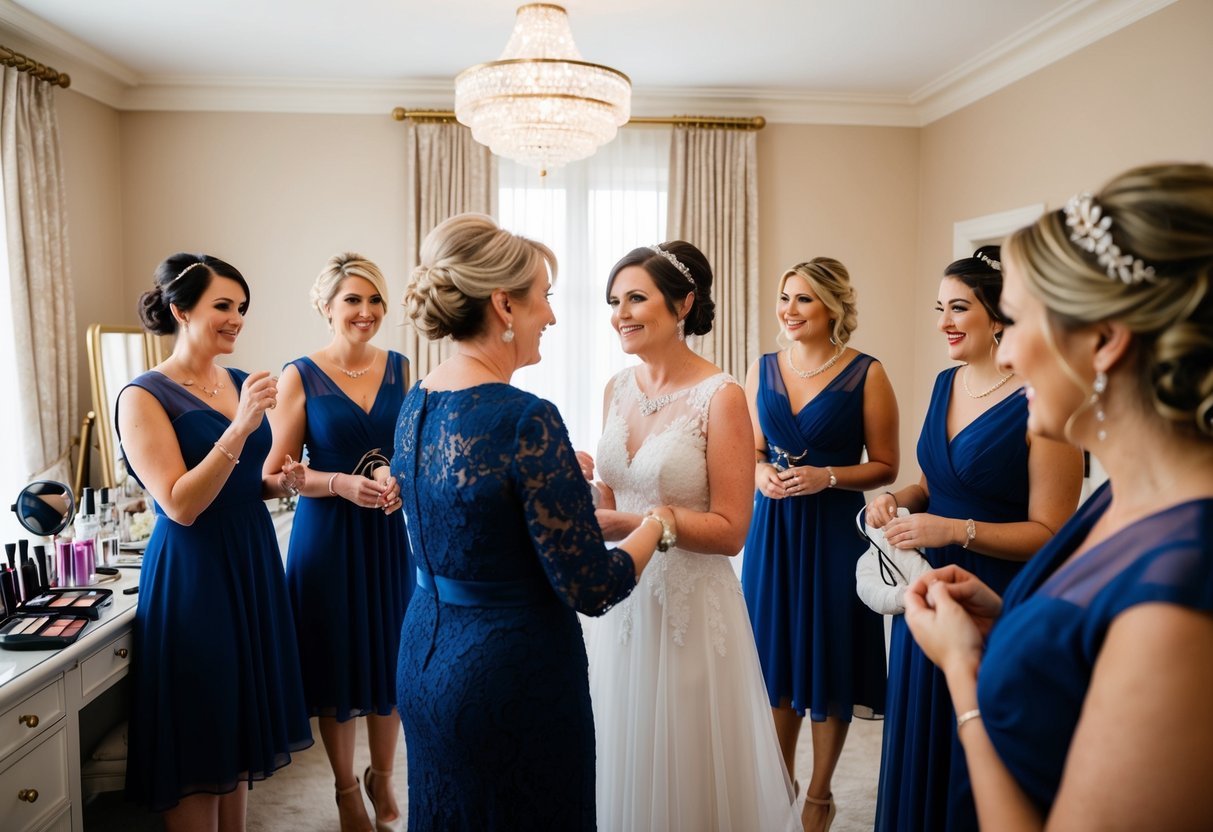 The mother of the groom joins the bridal party in a room filled with makeup, hair accessories, and elegant dresses