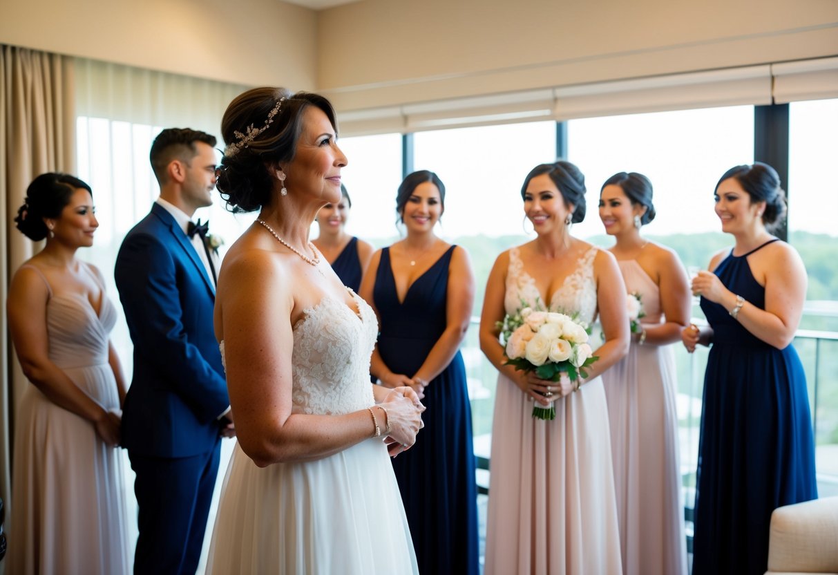 The mother of the groom stands off to the side, watching as the bridal party gets ready together
