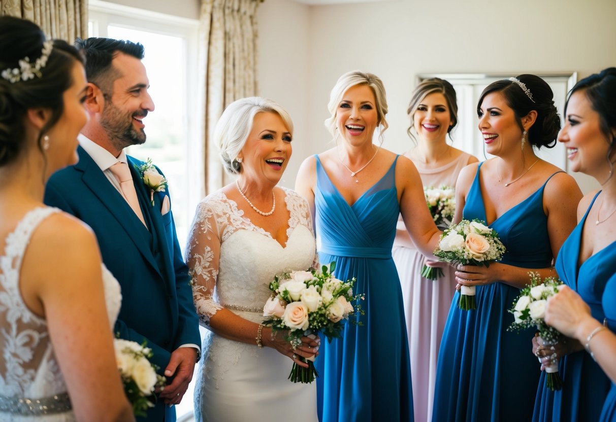 The mother of the groom stands alongside the bridal party, sharing in the excitement and anticipation as they all get ready for the wedding