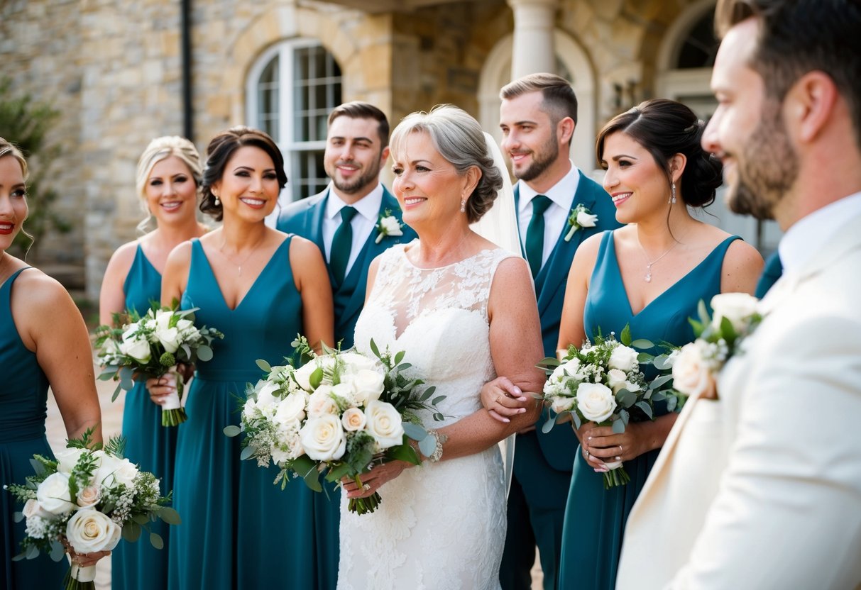 The mother of the groom stands with the bridal party, sharing a moment of preparation and anticipation before the wedding ceremony