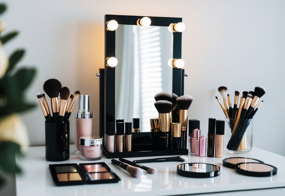 A well-lit vanity table with organized makeup products, brushes, and a mirror, surrounded by a clean and tidy workspace