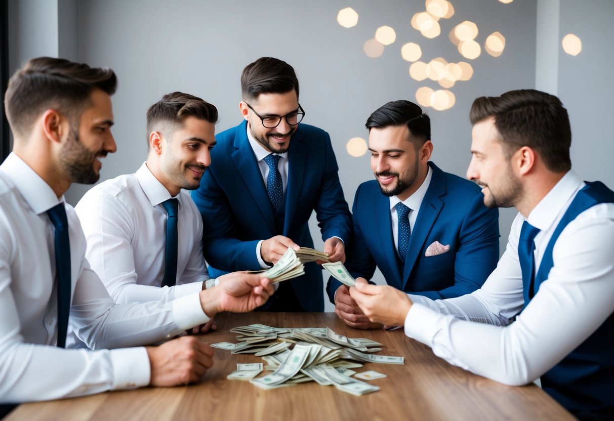 A group of groomsmen pooling money for a stag party, discussing financial responsibilities